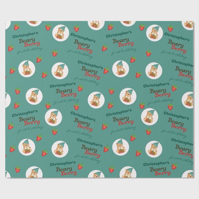 Cute Unge jordgubbar Beary Berry första födelsedag Presentpapper (Platt)