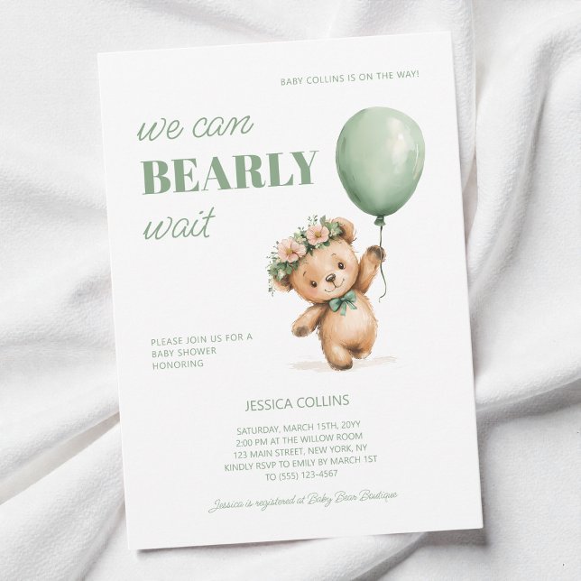 Cute Unge Sage Grönt vi kan avvakta babyskor Inbjudningar (Cute Cub Sage Green We Can Bearly Wait Baby Shower Invitation)