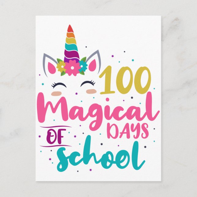 Cute Unicorn 100 Magic Days of School Vykort (Framsida)