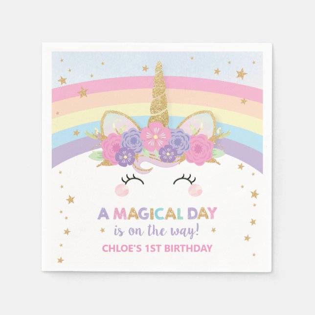 Cute Unicorn 1:a Birthday Party Rainbow Serviettes Pappersservett (Framsidan)