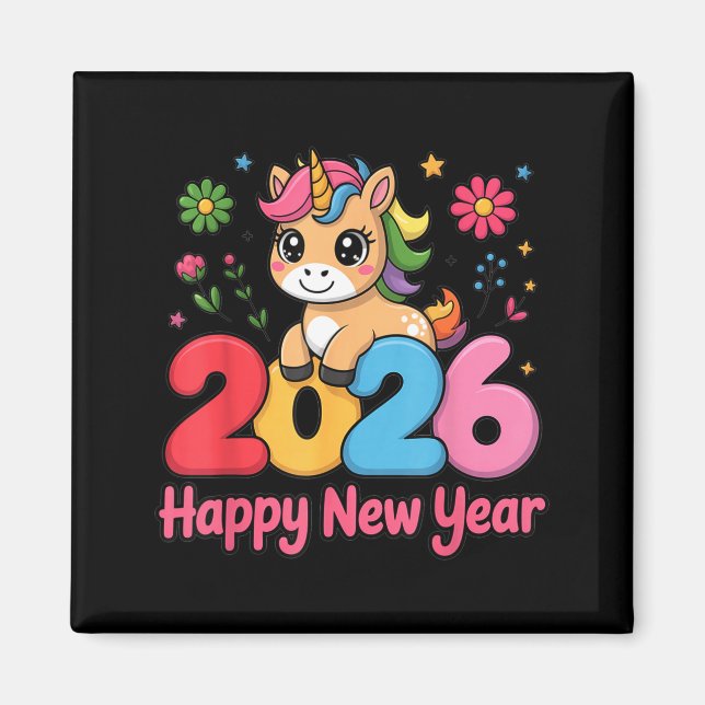 Cute Unicorn 2026 Horse Year Happy New Year Kawaii Magnet (Framsidan)