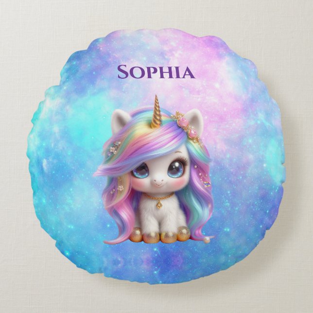 Cute Unicorn accent Pillow Rund Kudde (Framsidan)