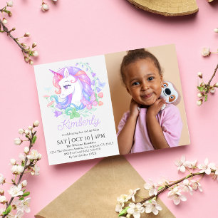 Cute Unicorn All Ages Photo Barns födelsedag Inbjudningar