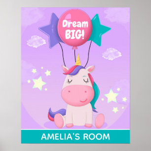 Cute Unicorn and Balloons Dream Big Personlig Poster