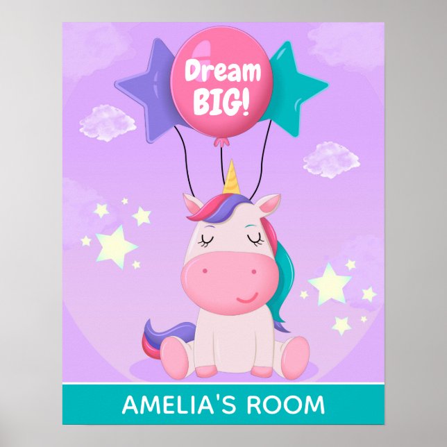 Cute Unicorn and Balloons Dream Big Personlig Poster (Framsidan)