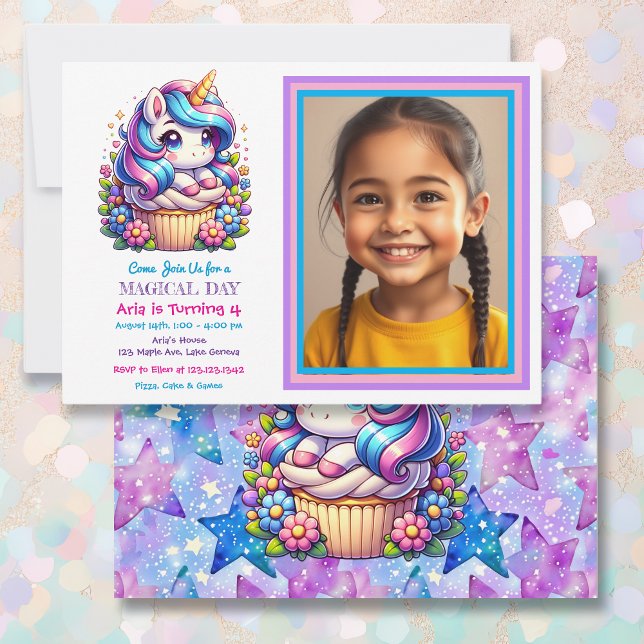 Cute Unicorn and Cupcoa Child's Photo Birthday Inbjudningar (Skapare uppladdad)