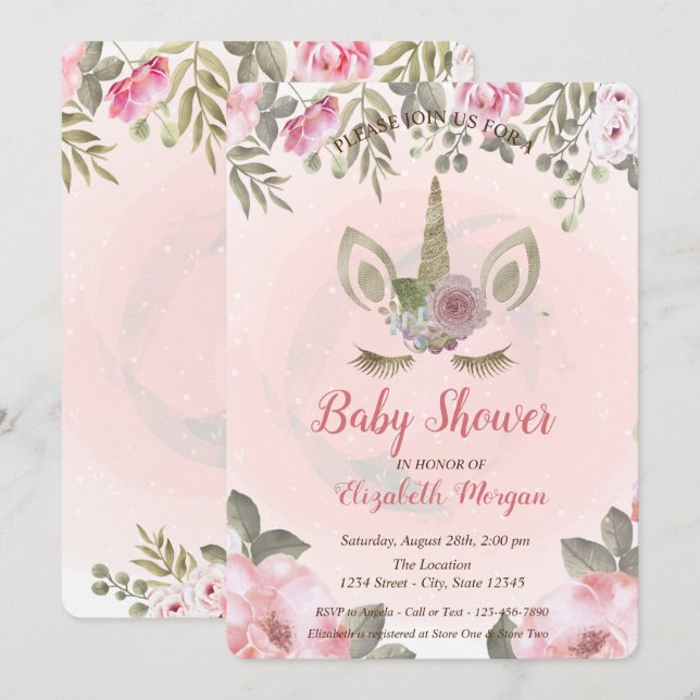Cute Unicorn Ansikte, Blommigt Baby Shower-inbjuda Inbjudningar (Fram/baksida)