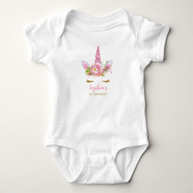 Cute Unicorn Ansikte Girl First Birthday T Shirt (Framsida)