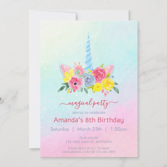 Cute Unicorn ansikte med blommigt Flickfödelsedag Inbjudningar (Framsida)