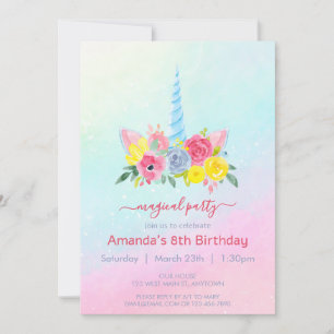 Cute Unicorn ansikte med blommigt Flickfödelsedag Inbjudningar