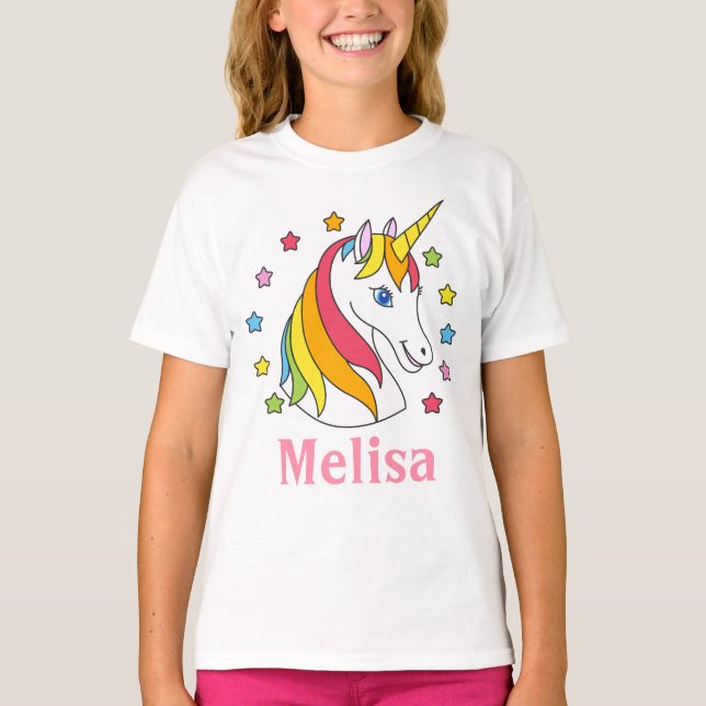 Cute Unicorn ansikte och stjärnor med Kid namn T Shirt (Framsida)
