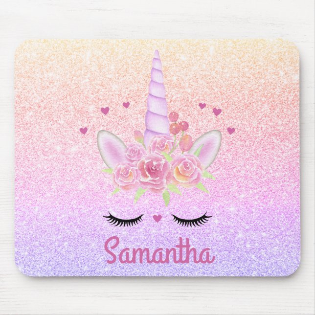 Cute Unicorn Ansikte Rainbow Glitter Rosa Hearts Musmatta (Framsidan)
