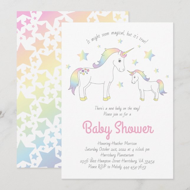 Cute Unicorn Baby Shower Inbjudningar (Fram/baksida)