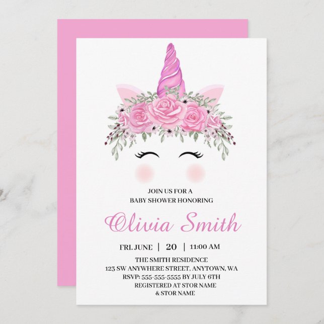 Cute Unicorn Baby Shower med Rosa Namn Inbjudningar (Fram/baksida)