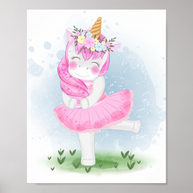 Cute Unicorn Ballerina med Flower Krona Poster (Framsidan)