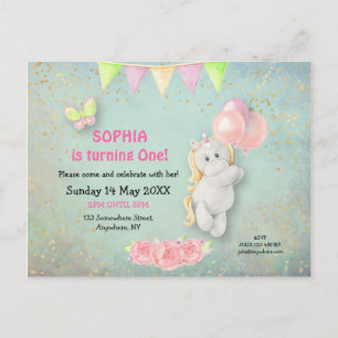 Cute Unicorn/Balloons Första födelsedagsinbjudan Vykort