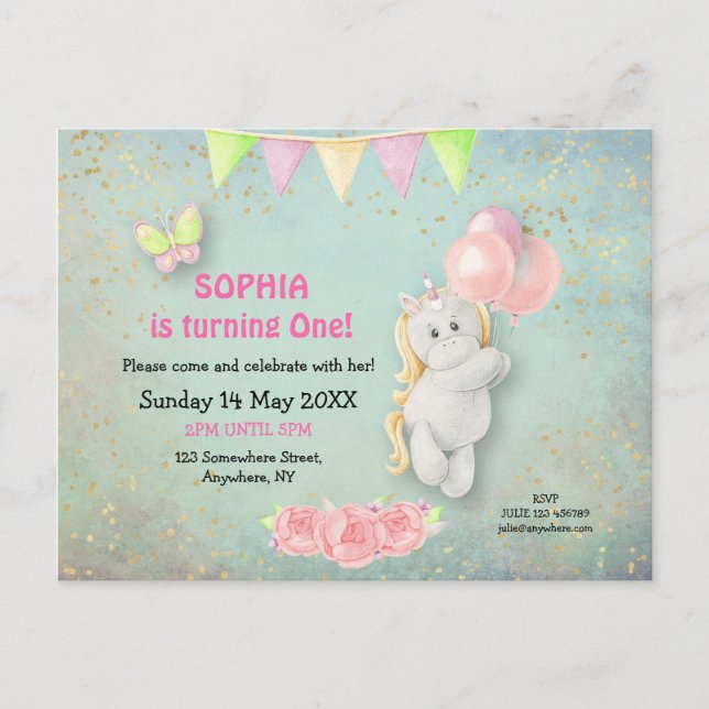 Cute Unicorn/Balloons Första födelsedagsinbjudan Vykort (Framsida)