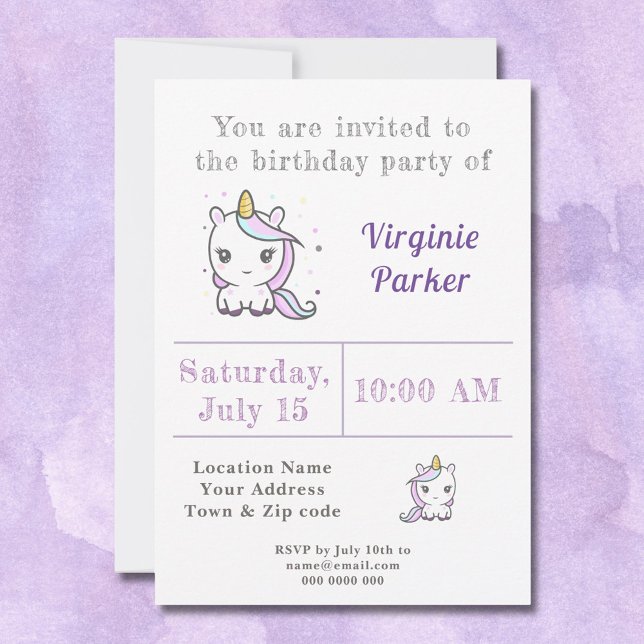 Cute Unicorn Birthday bjudande Inbjudningar (Cute Unicorn Birthday Invitation - back)