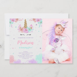 Cute Unicorn Birthday Blommigt Magic Unicorn Photo Inbjudningar