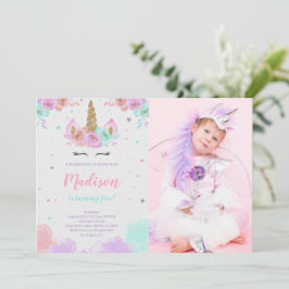 Cute Unicorn Birthday Blommigt Magic Unicorn Photo Inbjudningar