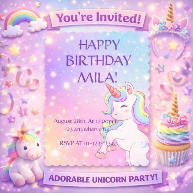 CUTE UNICORN BIRTHDAY-INBJUDANDE INBJUDNINGAR (Skapare uppladdad)
