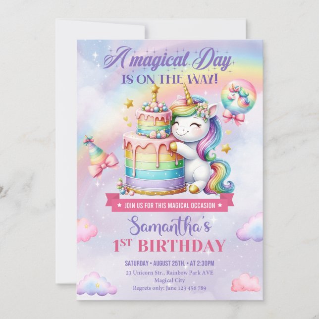 Cute Unicorn Birthday Inbjudningar (Framsida)