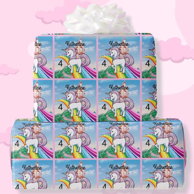 Cute UNICORN Birthday Personalize Girl's Namn Age Presentpapper (Skapare uppladdad)
