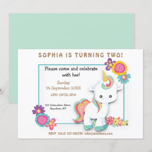Cute Unicorn Blommigt Girl 2:a födelsedagsinbjudan Inbjudningar