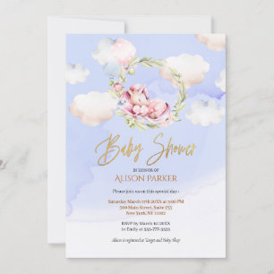 Cute Unicorn Blommigt Greenery Blå himmel Baby Sho Inbjudningar