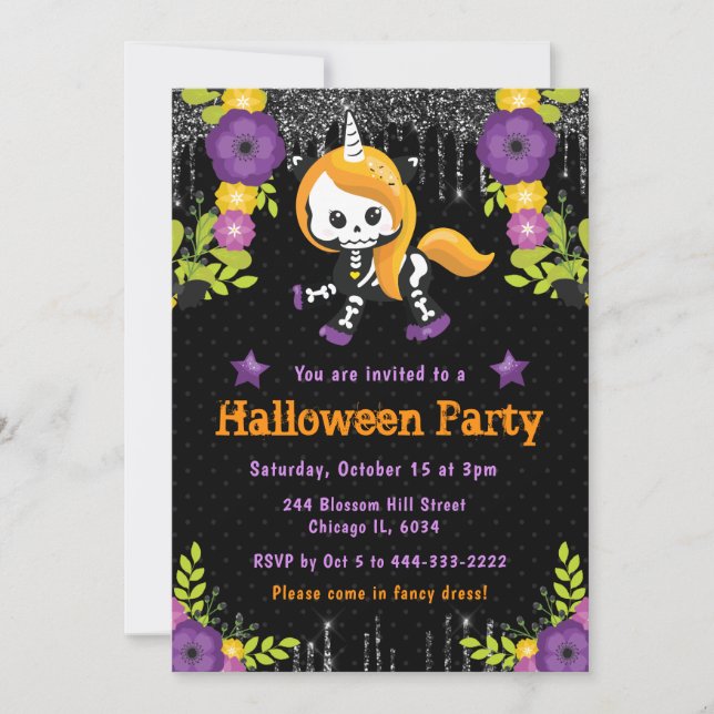 Cute Unicorn Blommigt Halloween fest Inbjudningar (Framsida)