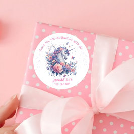 Cute Unicorn Blommigt Rosa Lila Girl Birthday Runt Klistermärke