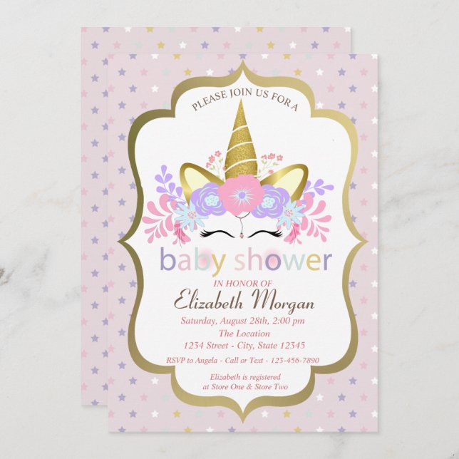 Cute Unicorn,Blommigt,Stars Baby Shower-inbjudan Inbjudningar (Fram/baksida)