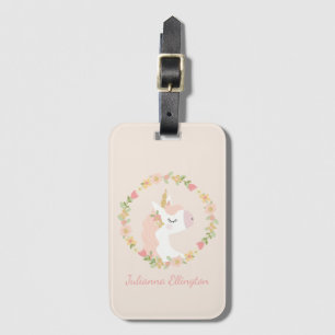 Cute Unicorn Blommigt WAN Rosa Anpassat namn Bagagebricka