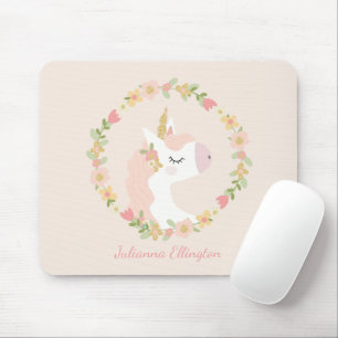 Cute Unicorn Blommigt WAN Rosa Anpassat namn Musmatta