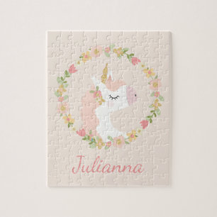 Cute Unicorn Blommigt WAN Rosa Anpassat namn Pussel