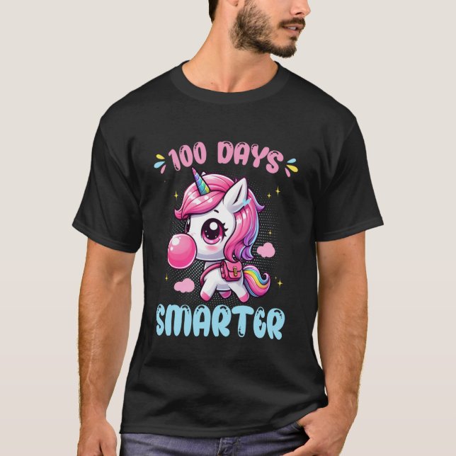 Cute Unicorn Blowing Bubble Gum 100 Days Smarter S T Shirt (Framsida)