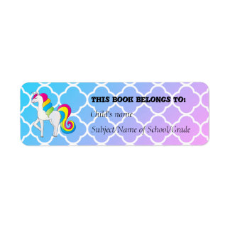 Cute Unicorn Blue och Rosa Quatrefoil Returadress Etikett