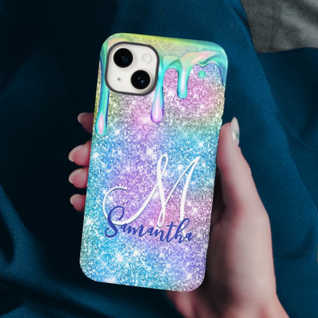 Cute unicorn blue rosa glitter droppar monogram (Skapare uppladdad)