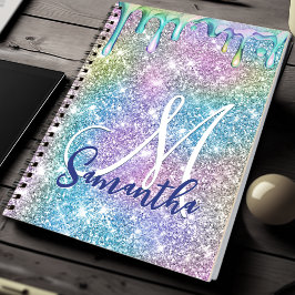Cute unicorn blue rosa glitter droppar monogram anteckningsbok