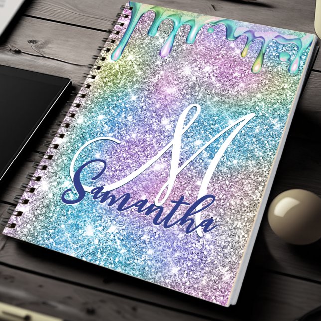 Cute unicorn blue rosa glitter droppar monogram anteckningsbok (Skapare uppladdad)