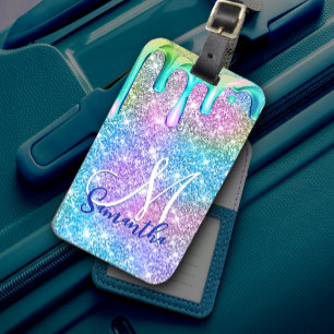 Cute unicorn blue rosa glitter droppar monogram bagagebricka