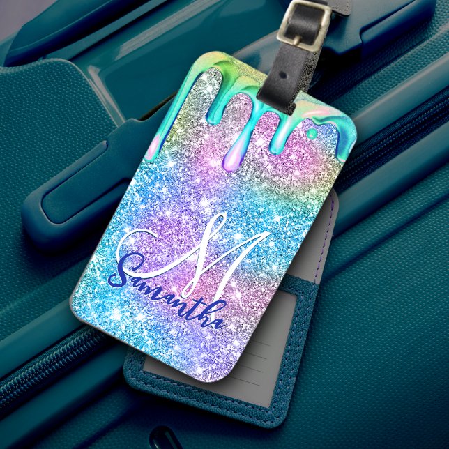 Cute unicorn blue rosa glitter droppar monogram bagagebricka (Skapare uppladdad)