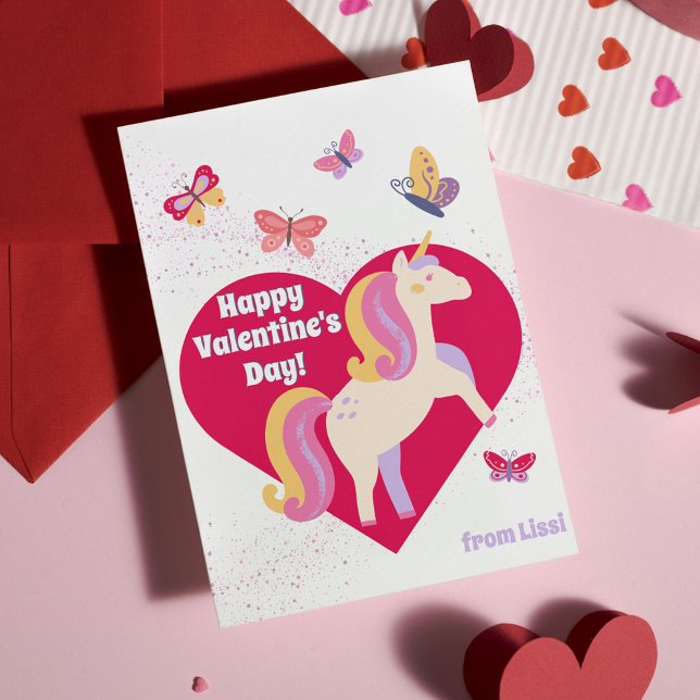 Cute Unicorn Butterflies Glans Alla hjärtans dag Anteckningskort (Cute Unicorn Butterflies Happy Valentine's Day Classroom Card
)