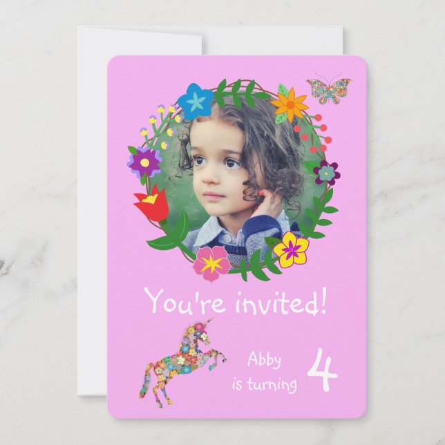 Cute Unicorn Butterfly Flowers Girls Party Inbjudningar (Framsida)