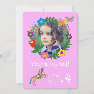Cute Unicorn Butterfly Flowers Girls Party Inbjudningar