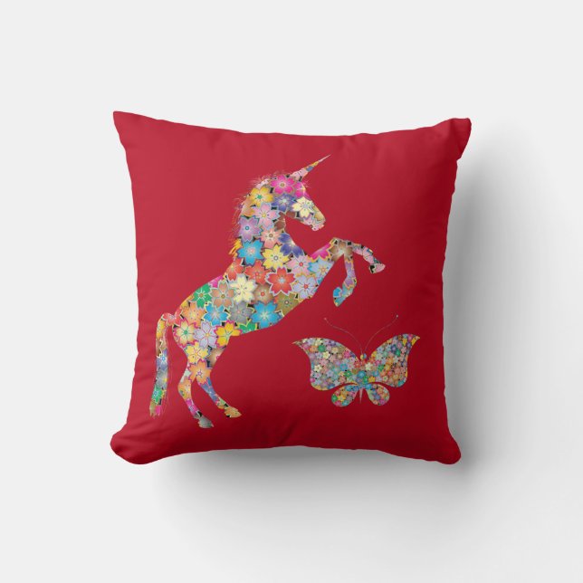 Cute Unicorn Butterfly Flowers Pillow för barn Kudde (Framsida)