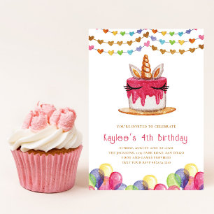 Cute Unicorn Cake Hearts Girly Birthday Inbjudningar