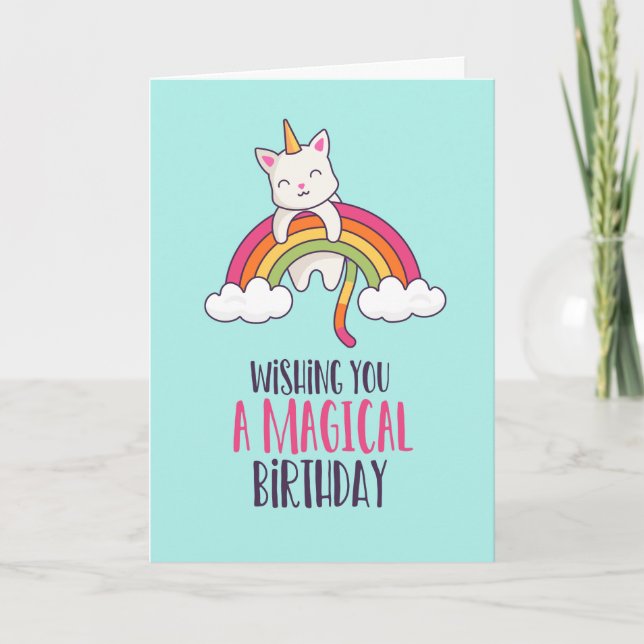 Cute Unicorn Cat Magic Rainbow Funny Birthday Kort (Framsida)