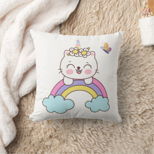 Cute unicorn cat on rainbow dekorativ kudde