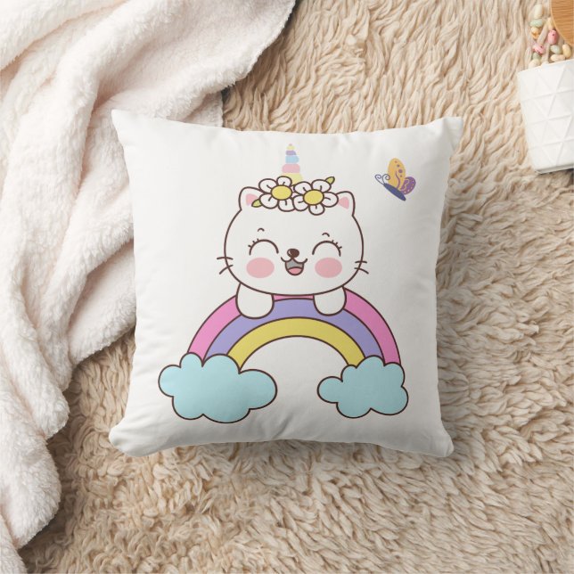 Cute unicorn cat on rainbow dekorativ kudde (Filt)